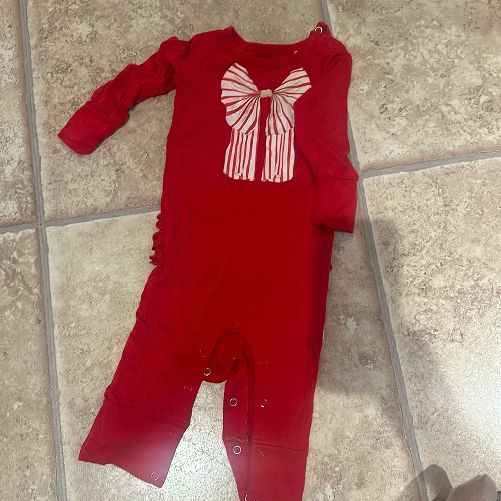 Posh Peanut Red Footie with Striped Bow